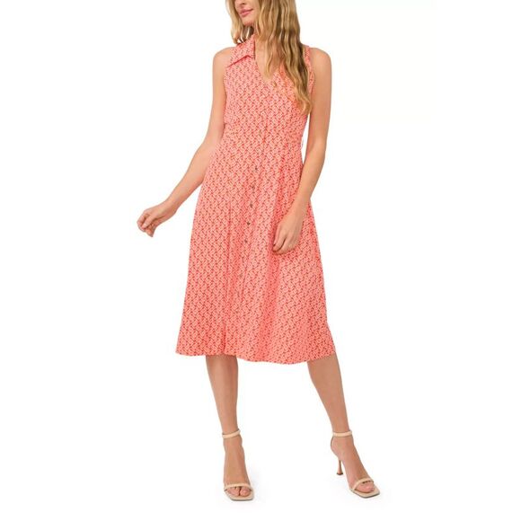 CeCe Women's Dress Sz 8 Sleeveless V-Neck Belted Waist Midi Shirt - Picture 1 of 3